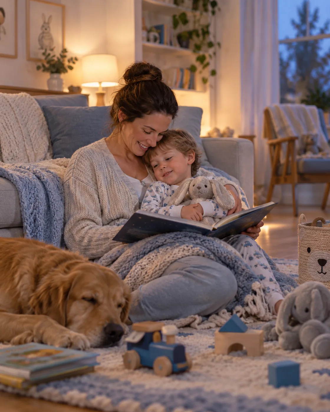 A parent and child reading together in the evening, screens off